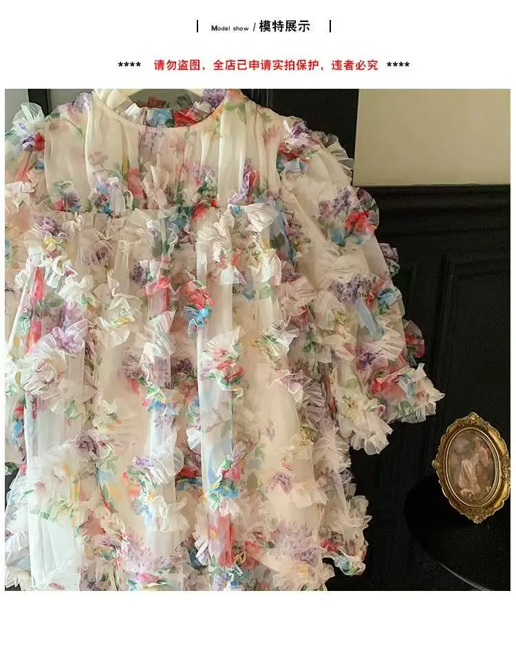 New Baby Girls floral print Fall Mesh Long Sleeve Dress Princess Kids Sweet Party Dresses