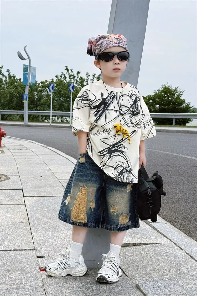Summer children boys fashion casual T shirt hole jeans sets suits