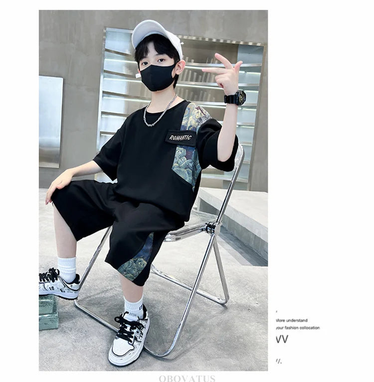 Boys Summer Suit Kids Short Sleeve T-Shirt Sports Casual Outfits for Teenage Boy Clothing Sets With Cartoon Bear