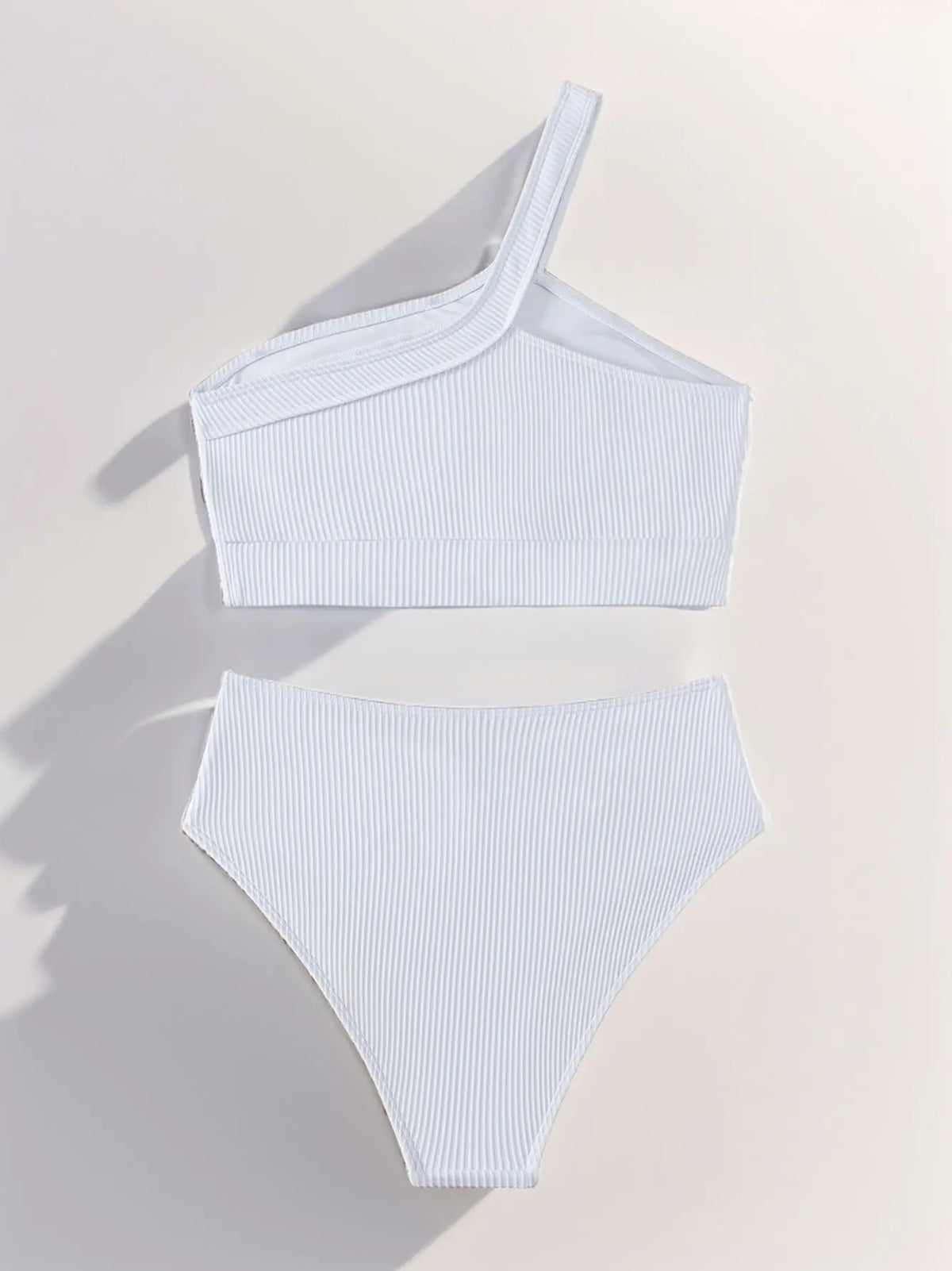 Ribbed Knit One Shoulder Bikini Asymmetrical Strap Crop Top V‑Shaped High Waisted Bottom Two‑Piece Swimsuit Women Tummy Control