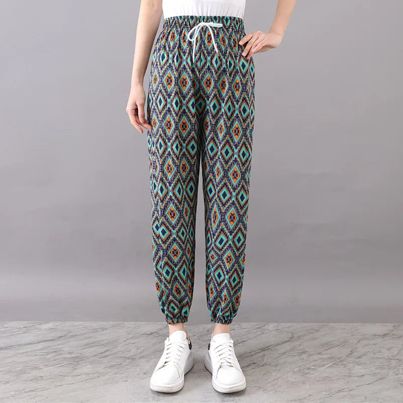 Summer Ladies Ice Silk Loose Casual Home Pants Elastic plus Size Mom Square Sports High Waist Straight Leg Length Nine Points