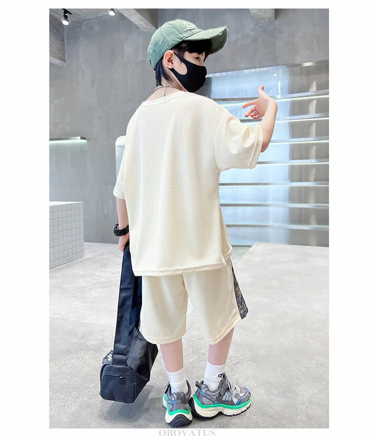 Boys Summer Suit Kids Short Sleeve T-Shirt Sports Casual Outfits for Teenage Boy Clothing Sets With Cartoon Bear