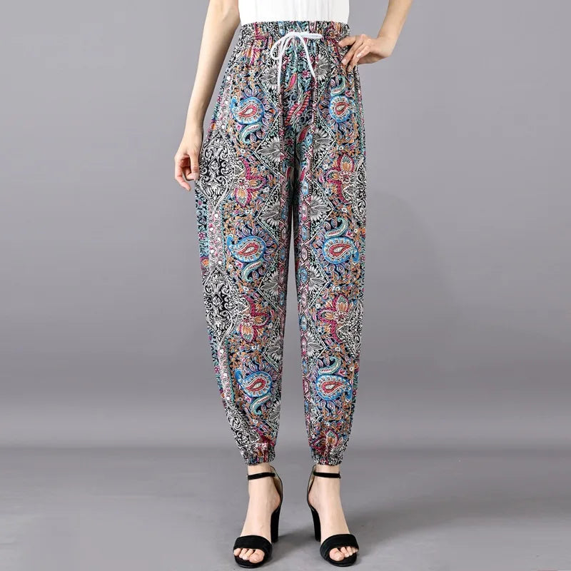 Summer Ladies Ice Silk Loose Casual Home Pants Elastic plus Size Mom Square Sports High Waist Straight Leg Length Nine Points