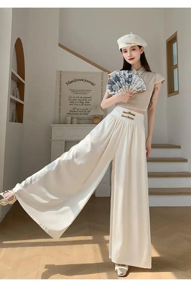 High Waist Drapey Wide Leg Casual Pants Women's Spring Summer New Chinese Design Long Trousers Southeast Asian National Style Bu