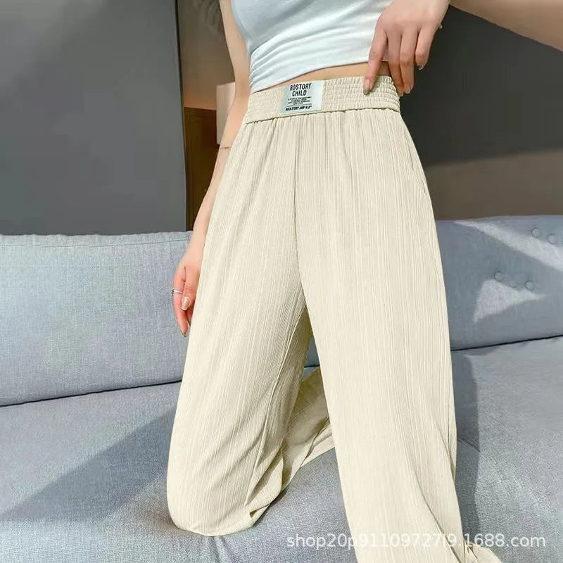 Ice Silk Wide Leg Pants Women's Spring Summer Autumn Thin High Waist Loose Straight Casual Long Trousers Comfortable Polyeste...