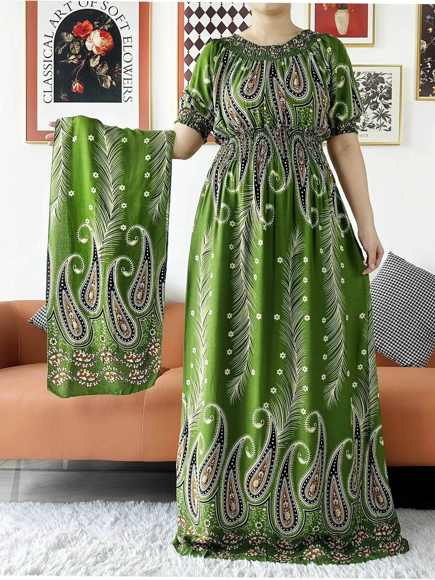 Women Party Dress Muslim Summer Short Sleeve Long Dress Collect Waist Floral Boubou Maxi Islam Women Dress African Abaya Clothes