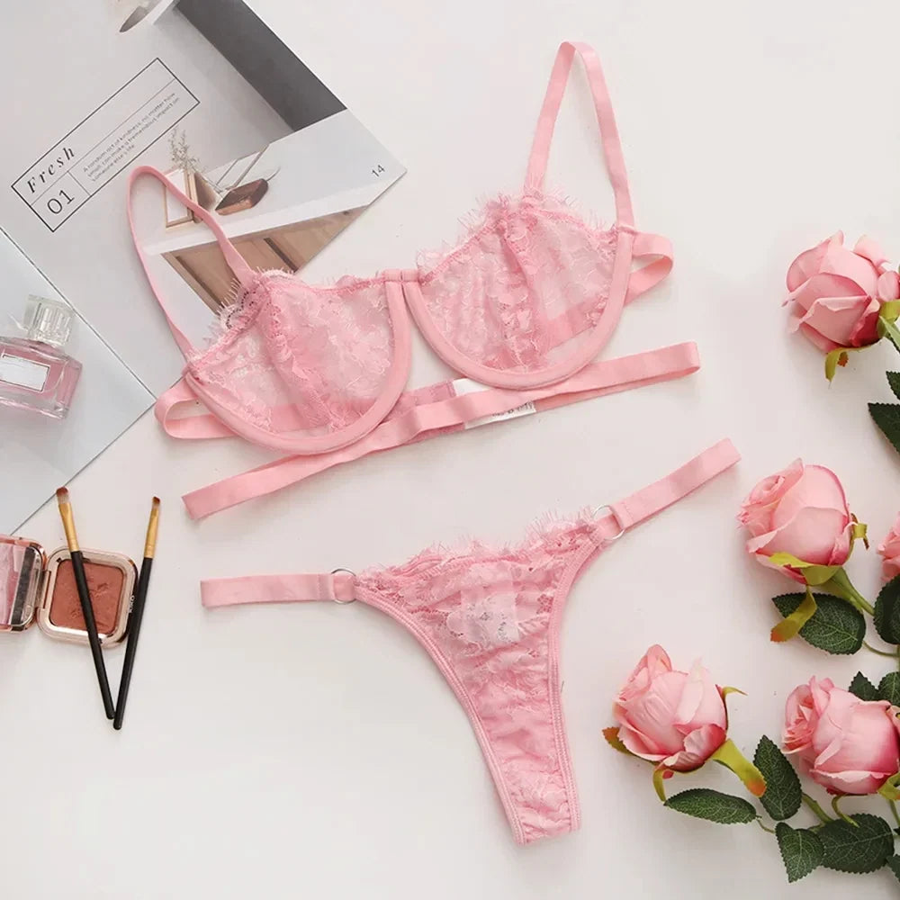 Sexy Lingerie Woman Lace Transparent Underwear Fairy Embroidery Brief Sets Delicate Bra Kit Push Up Breves Sets Thin Erotic Bras