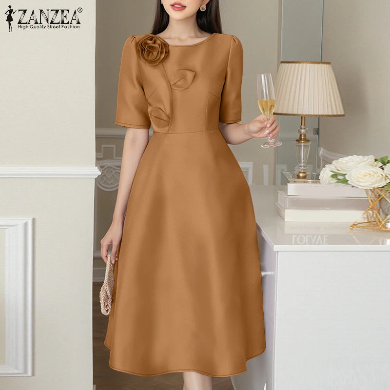 Woman Party Dresses Shiny Satin Round Neck Short Sleeve Fabric Flower A-line Robes Femme Fashion Midi Vestidos