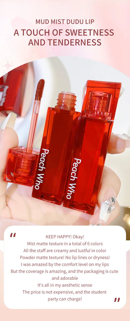 PEACHWHO Ruby Velvet Foggy Lip Glaze Matte Lip Stain Moisturizing Longlasting Waterproof Natural Smooth Silky Lipstick Cosmetics