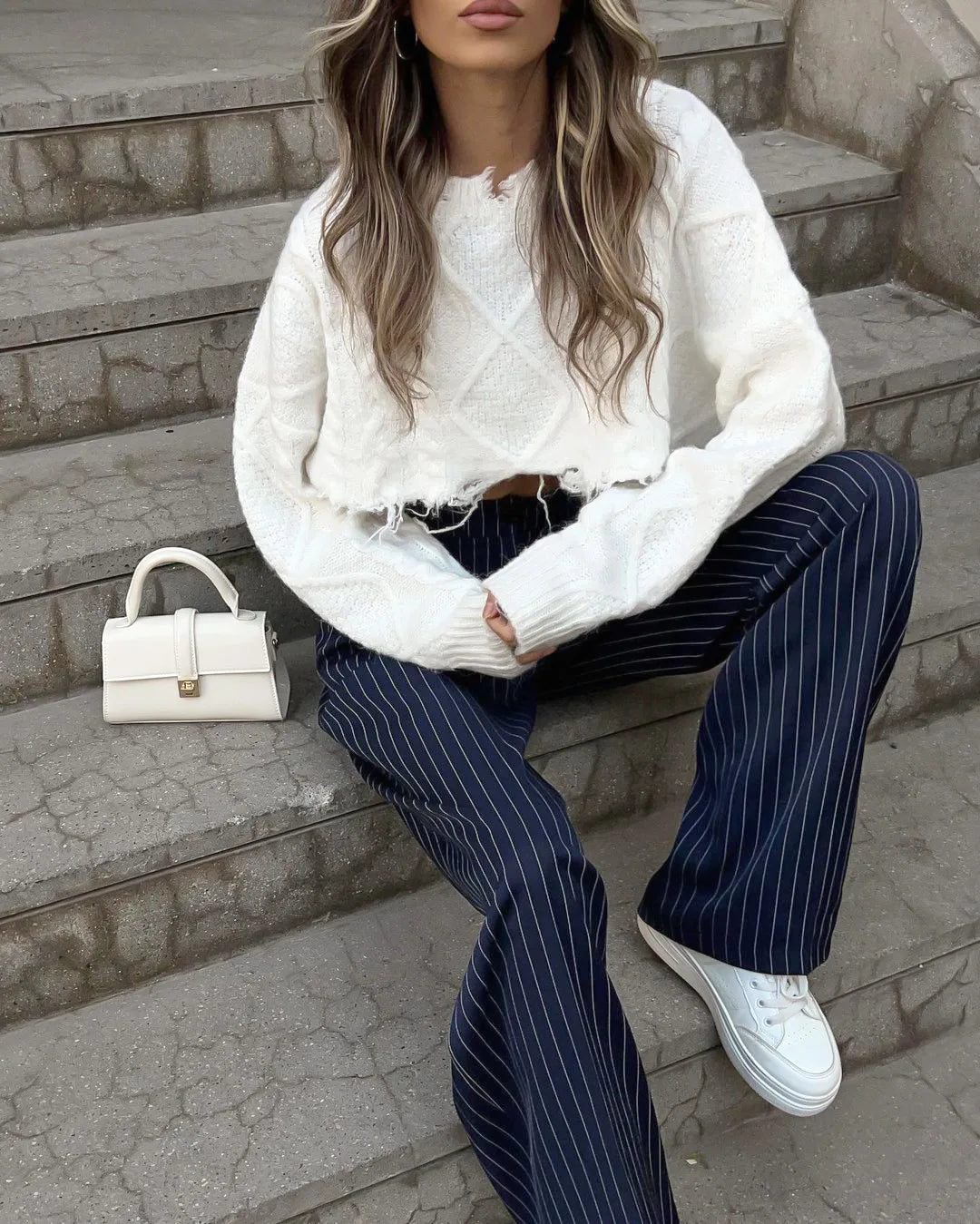 High Waisted Straight Leg Wide Leg Pants For Women's Clothing  Autumn/Winter New Navy Striped Fashionable Casual Pants