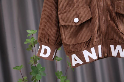 Baby Boys Clothes Suit Children Fashion Autumn/Winter Printed Corduroy Boys' Coat Zipper Long Sleeve Boys' Top+Pants Casual Set