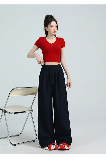 White Ice Silk Wide Leg Pants Women's Summer Thin High Waist Slimming Casual Versatile Elastic Waist Draped Straight Leg Trouser