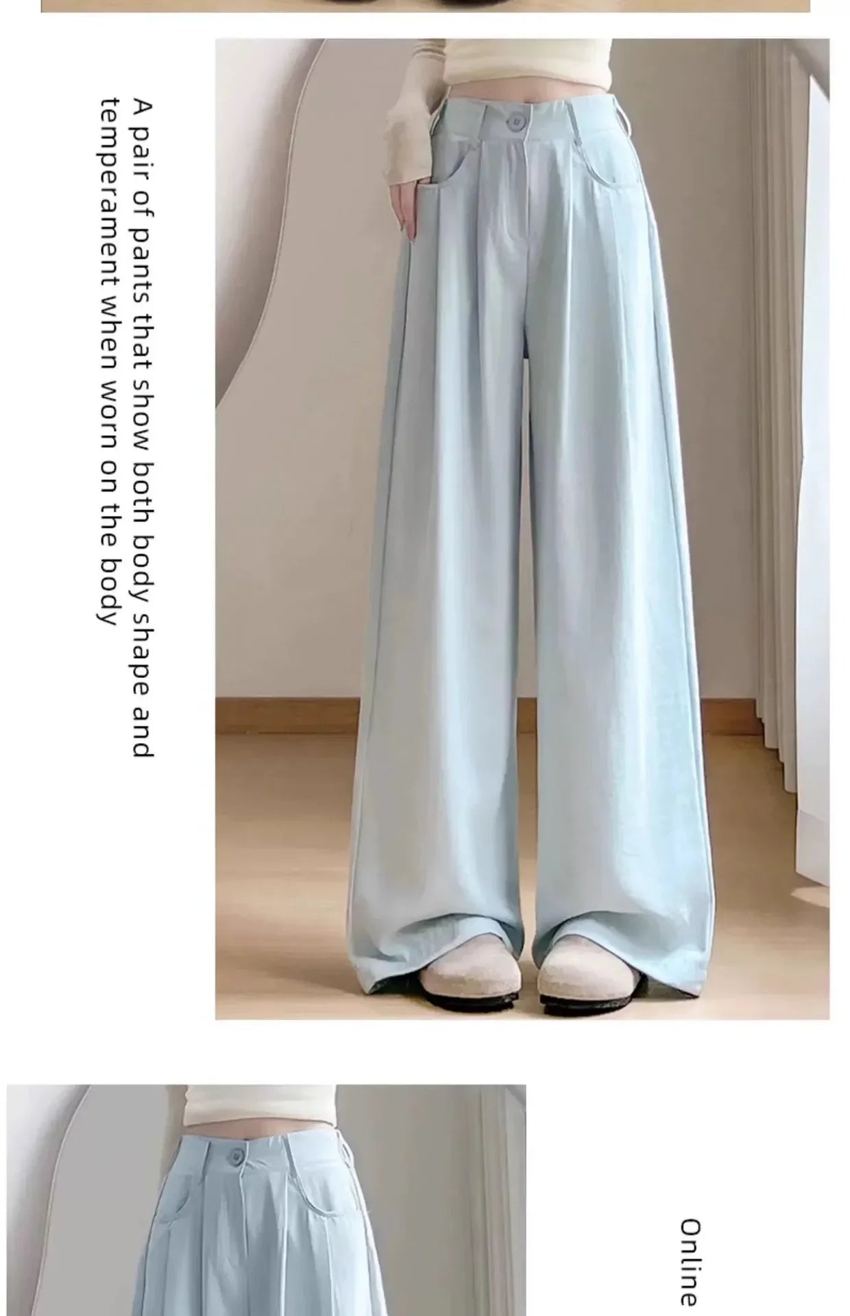 Ice Silk Drapey Wide Leg Pants Women's Summer Thin New Style Beige Color Nine Points Long Trousers Comfortable Fit Female Pants