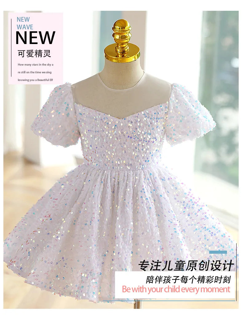 Little Girls First Birthday Ball Gown White Baptism Toddler Girls Sparkle Sequin Puffy Dress Elegant Evening Pageant Dresses