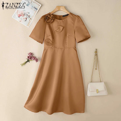 ZANZEA Elegant Woman Party Dresses Shiny Satin Round Neck Short Sleeve Fabric Flower A-line Robes Femme Fashion Midi Vestidos