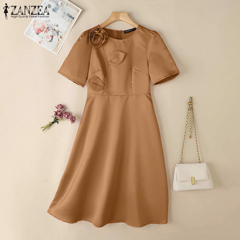 Woman Party Dresses Shiny Satin Round Neck Short Sleeve Fabric Flower A-line Robes Femme Fashion Midi Vestidos