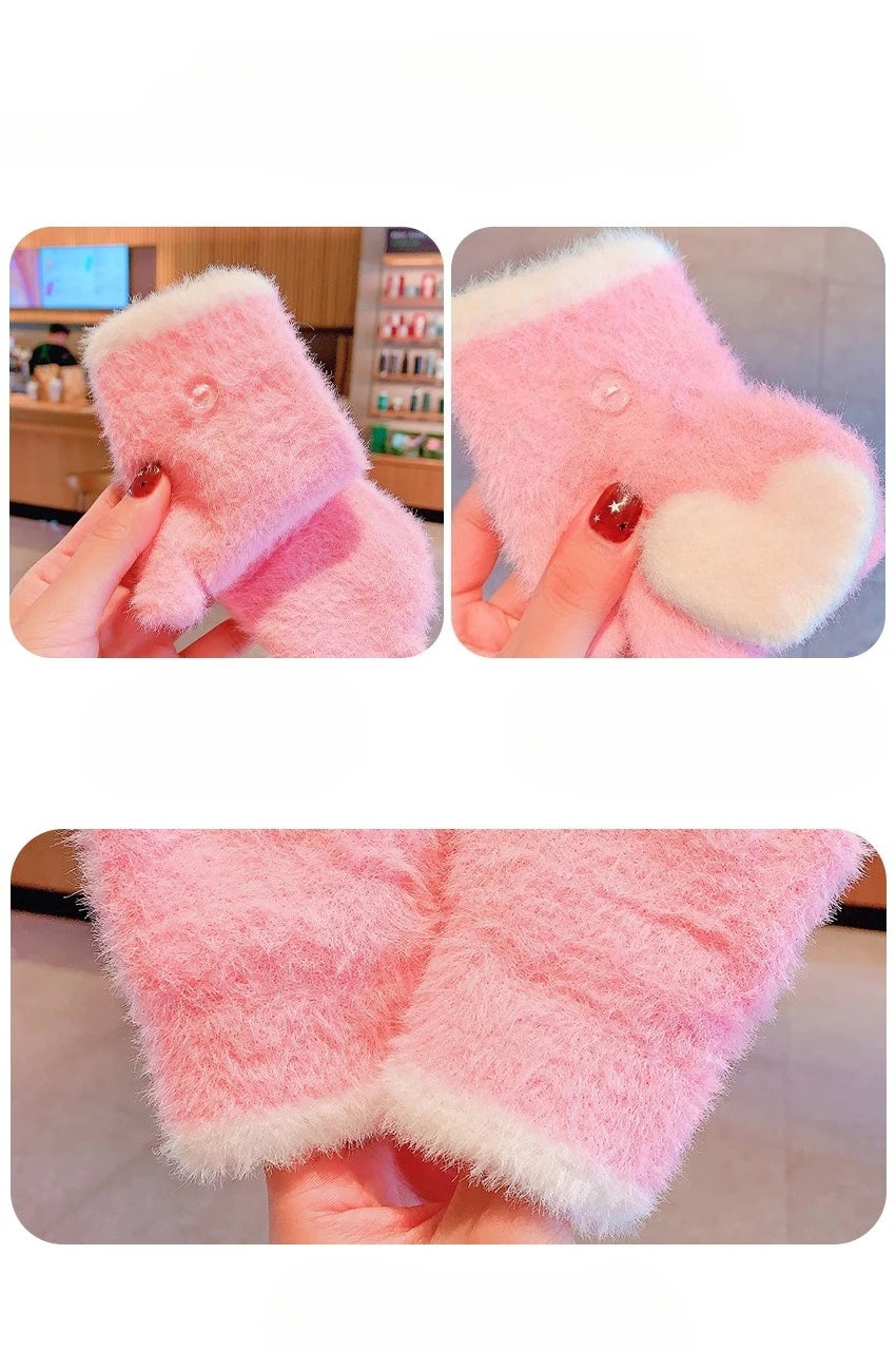 Winter Plush Knitted Cartoon Rabbit Flexible Flip-top Gloves Thicken Warm Cute Gloves For Baby Girls Half Finger Children Gloves