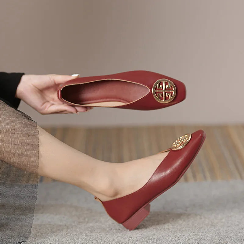 Women's square toe low heels solid color retro Casual flat shoes