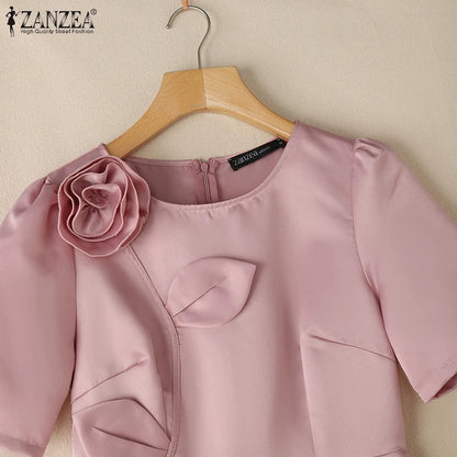 ZANZEA Elegant Woman Party Dresses Shiny Satin Round Neck Short Sleeve Fabric Flower A-line Robes Femme Fashion Midi Vestidos