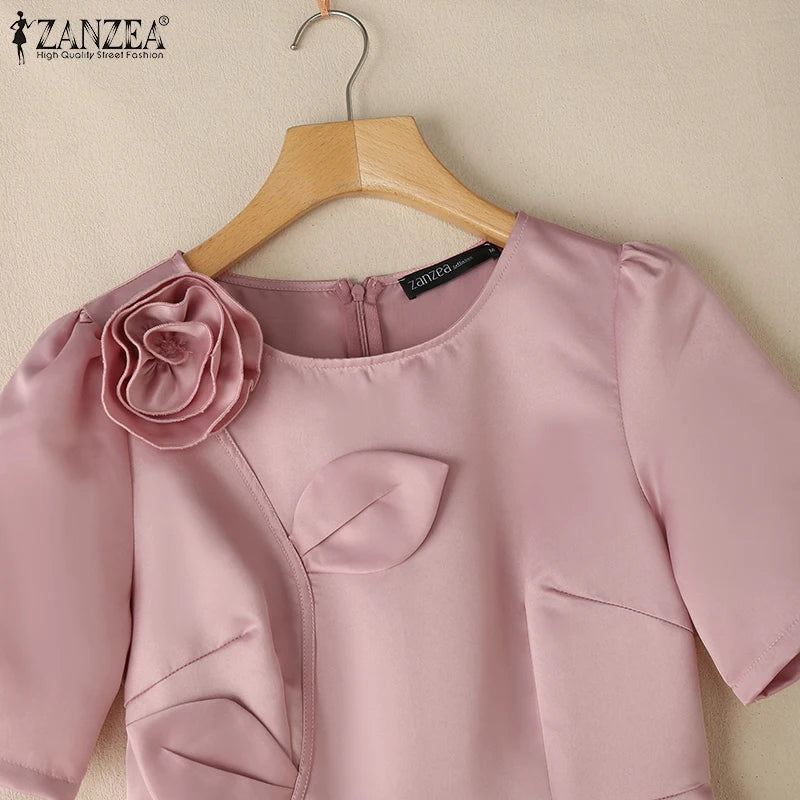 Woman Party Dresses Shiny Satin Round Neck Short Sleeve Fabric Flower A-line Robes Femme Fashion Midi Vestidos