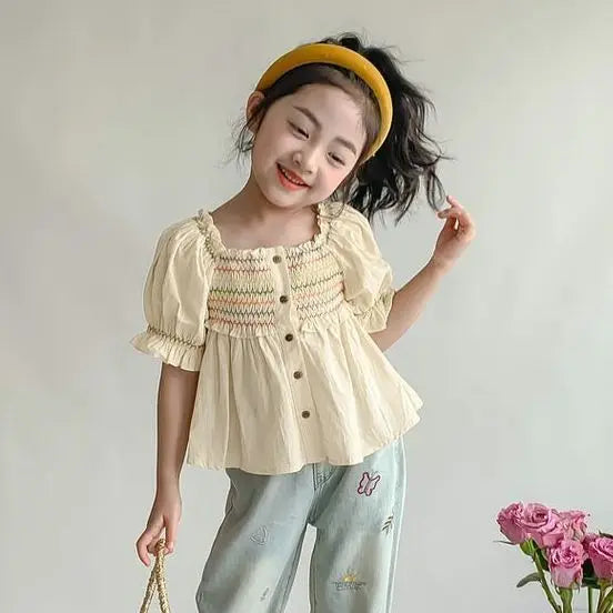 Spring Summer Kids Fashion Color Stripe Puff Sleeve Cotton Blouse Elegant Casual Top for Girl