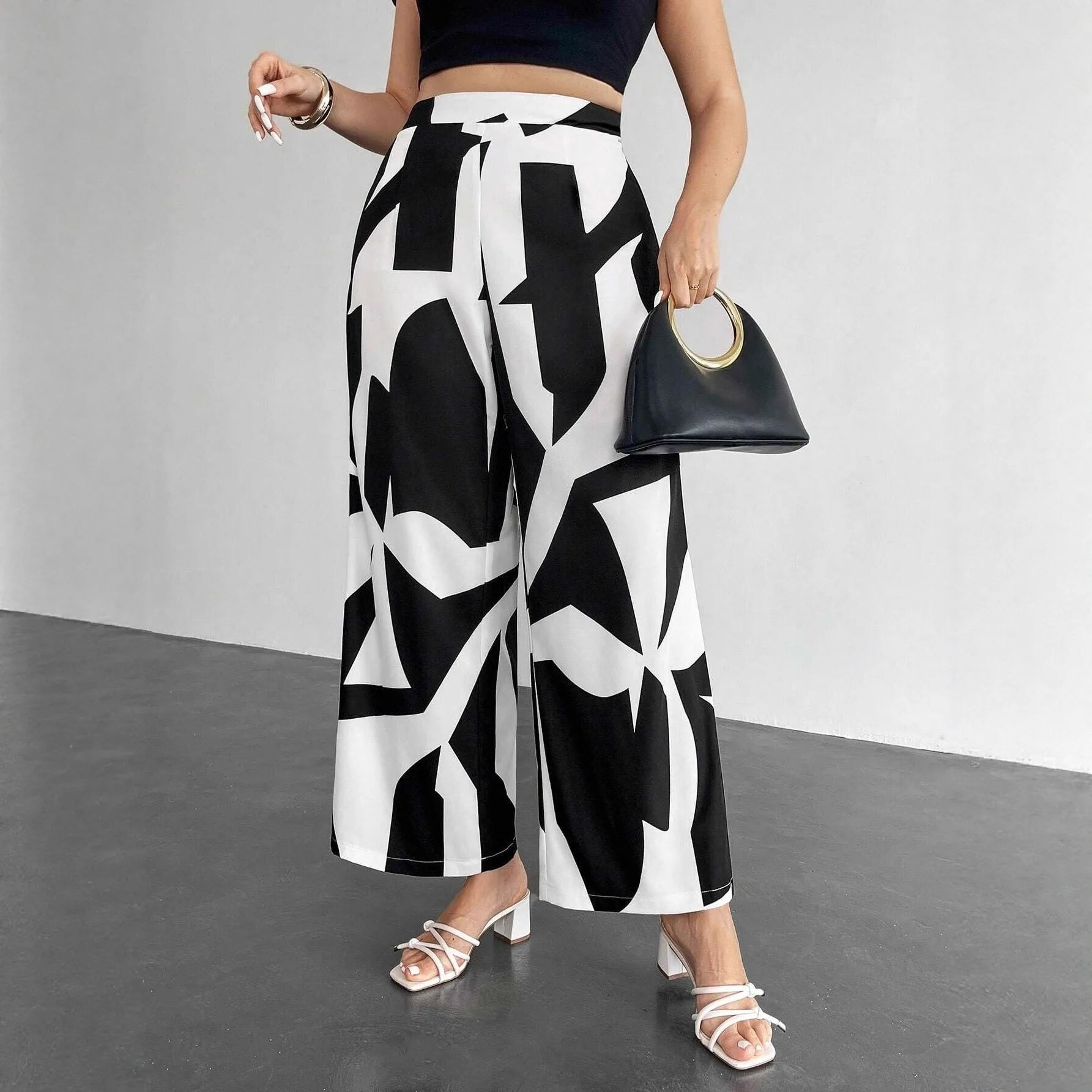 New Pantalones De Las Mujeres Spodnie Beach Geometric Print Vacation Loose Wide Leg Pants Women High Waist Casual Straight Pants