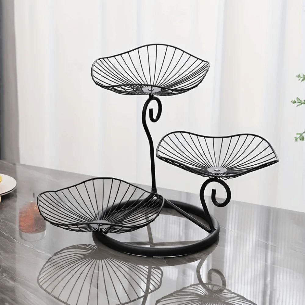 Lotus Leaf Shape 3-Tier Fruit Basket Vintage Space-Saving Multi-Layer Serving Tray with Base Metal Wire Fruit Basket