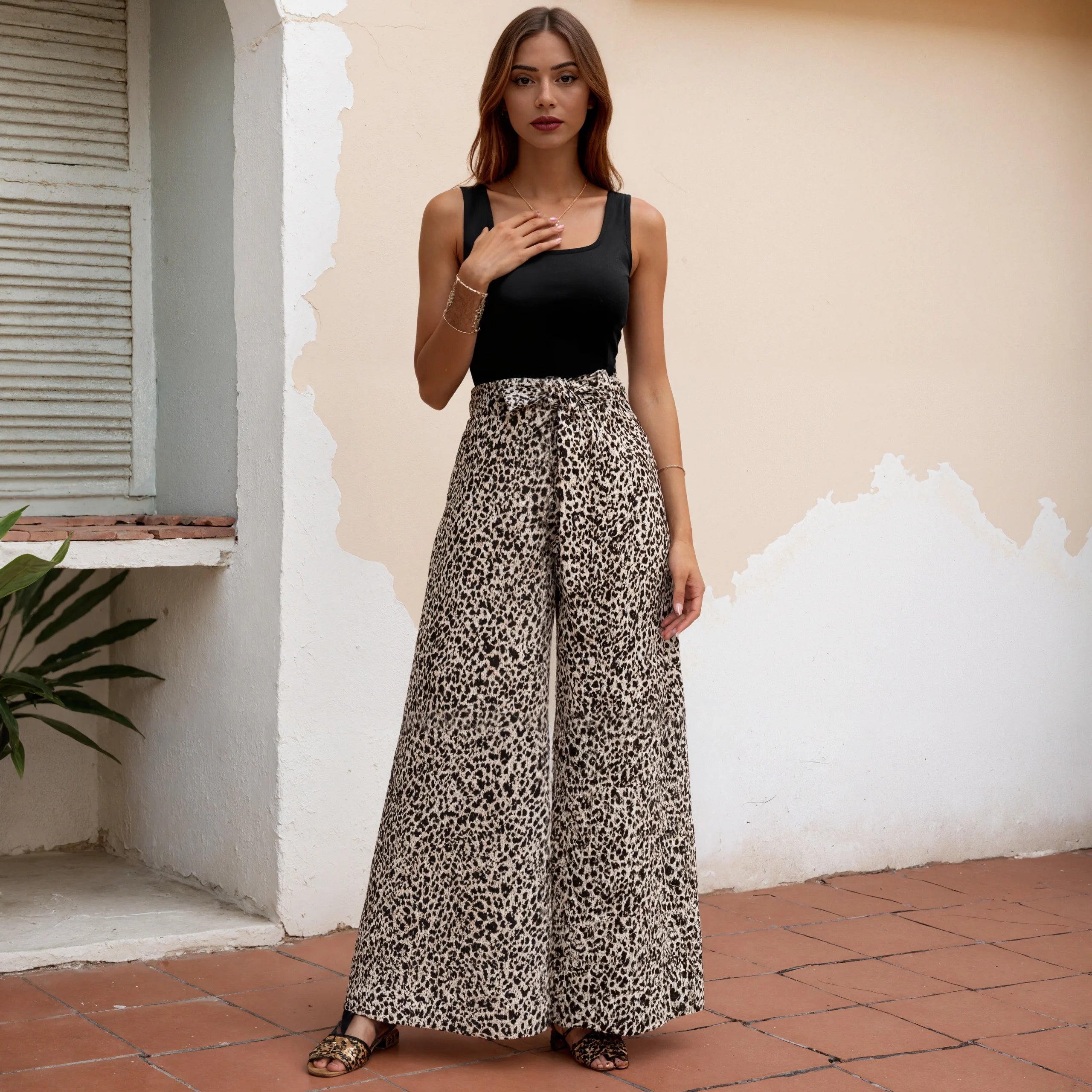 Women Sexy Leopard Print Wide Leg Pants High Waisted Elastic Flowy Palazzo Trousers Summer Boho Vacation Casual Bottoms
