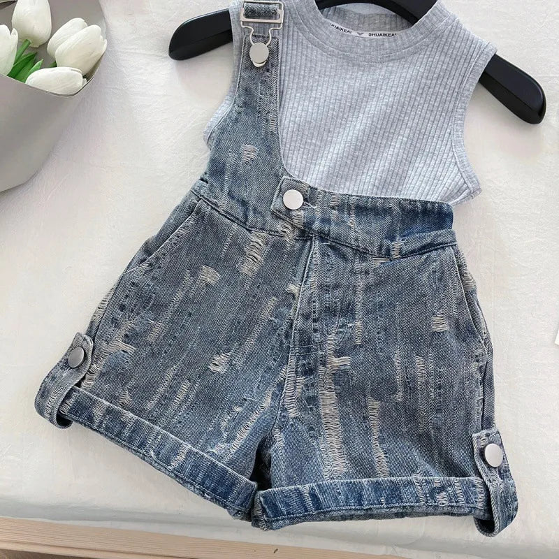 Girls' Clothing Set Sleeveless Top+printed Denim Shorts Two-piece Set for Girls Fashion Suits