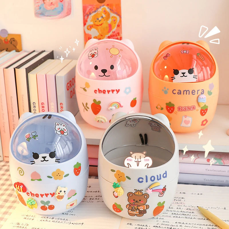 Mini Desktop Trash Can Organizer Cute Bear Multifunction Creative Cosmetic Bucket with Lid Pen Holder Kawaii Stickers Patchers