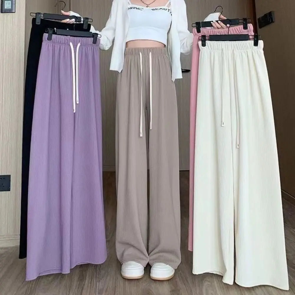 Sweet High Waist Drawstring Straight Pants Yamamoto Retro Loose Trousers Solid Simple Wide Leg Pants Summer