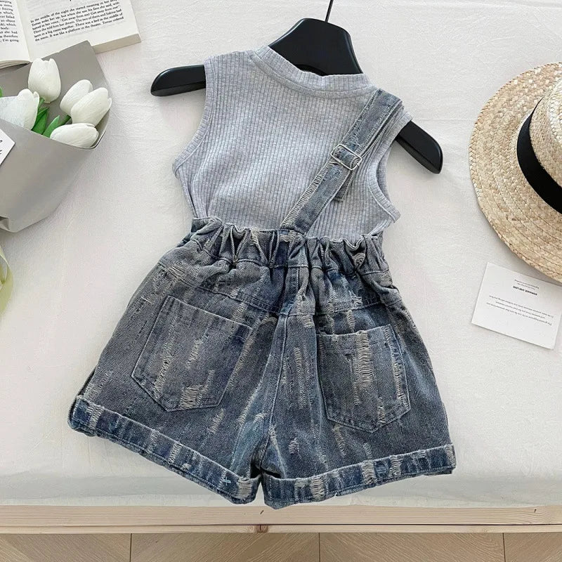 Girls' Clothing Set Sleeveless Top+printed Denim Shorts Two-piece Set for Girls Fashion Suits