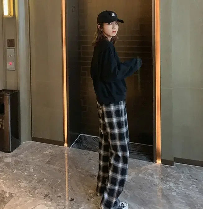 High Waist Plaid Wide Leg Pants Women Loose Straight Casual Slimming Spring Autumn New Style Chinese Brand AE Stock