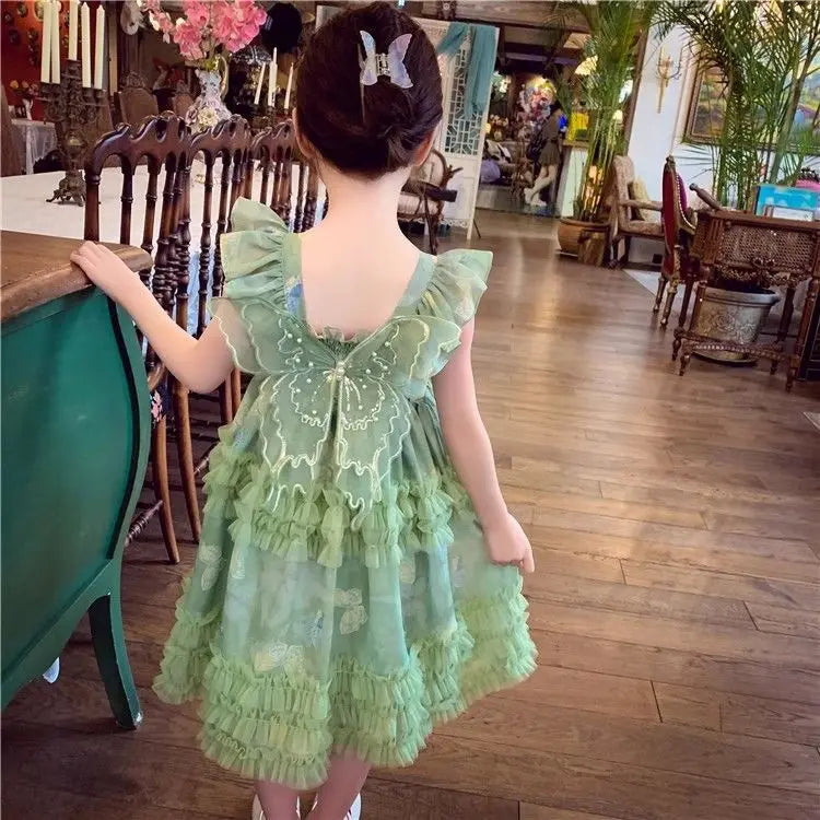 Baby Girls' Summer and Spring New Dress Butterfly Mesh Princess Fashion and Beautiful Kids Outwear Evening Dress