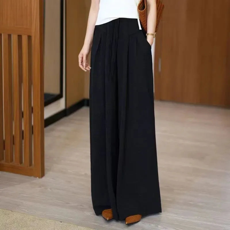 Summer Ice Silk Wide Leg Pants Women's Loose Casual Long Trousers High Waist Korean Sle Polyester Fiber Drapey Sumi Pants