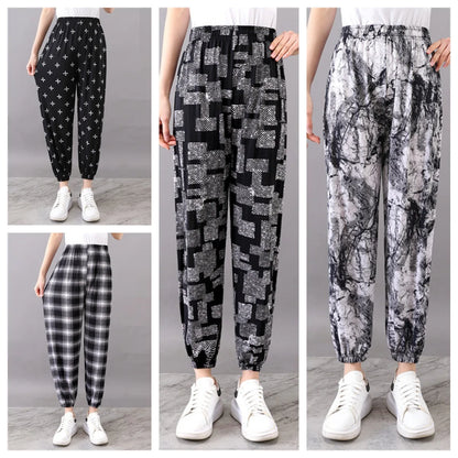 High Waist Floral Pants Straight Leg Home Leisure Women's plus Size High Elasticity Air Conditioning Pants Casual Trousers