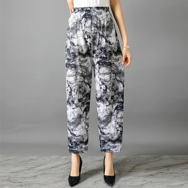 Summer Ladies Ice Silk Loose Casual Home Pants Elastic plus Size Mom Square Sports High Waist Straight Leg Length Nine Points