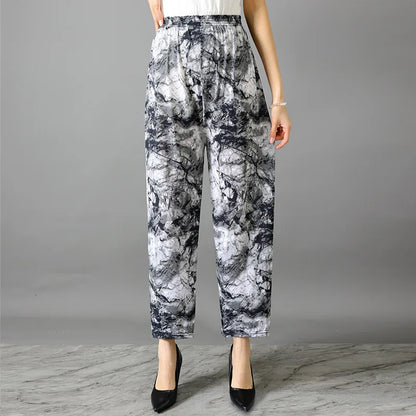 Summer Ladies Ice Silk Loose Casual Home Pants Elastic plus Size Mom Square Sports High Waist Straight Leg Length Nine Points