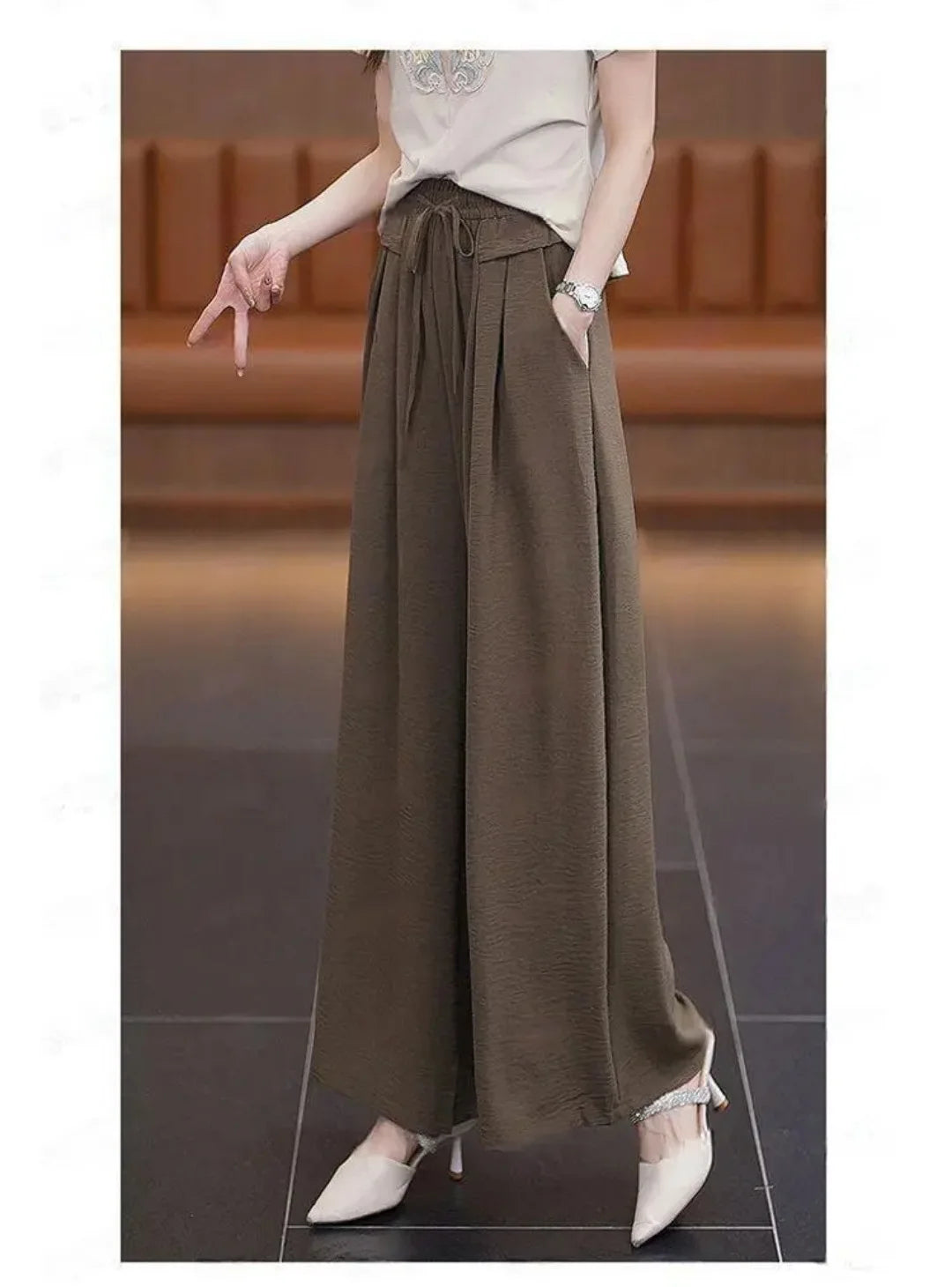 Summer Ice Silk Wide Leg Pants Women's Loose Casual Long Trousers High Waist Korean Sle Polyester Fiber Drapey Sumi Pants