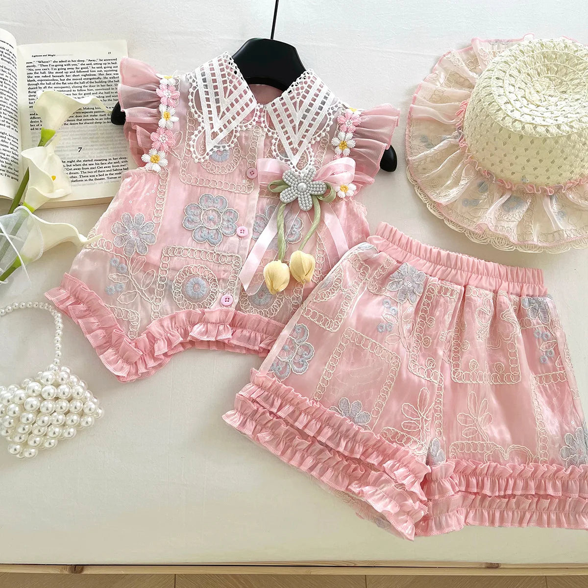 Baby Girls Summer Clothes Sweet Lace Embroidery Flowers 3pcs Sets Tops Shirts+shorts+hat,Kids Children Princess Clothes