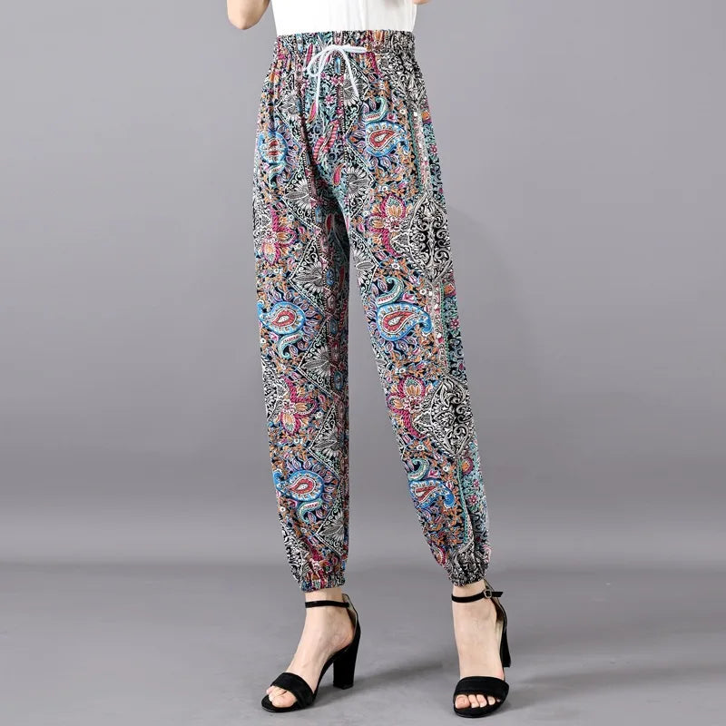 Summer Ladies Ice Silk Loose Casual Home Pants Elastic plus Size Mom Square Sports High Waist Straight Leg Length Nine Points
