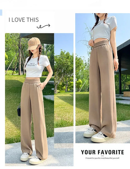 Slim Wide Leg Pants High Waist Drapey Thin Ice Silk Grey Small Size Straight Cut Women's Summer Trousers Long Pants