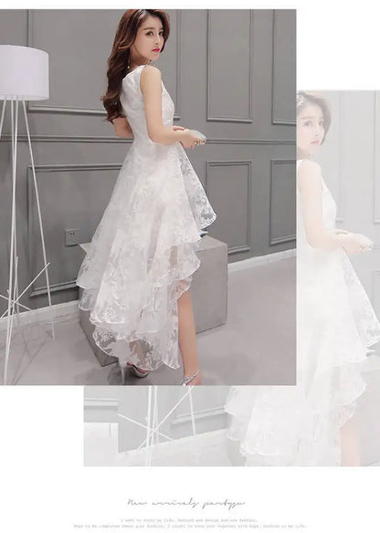 Summer High Low Retro Dress Vintage Women Sleeveless Front Back Short Long Organza Lace Dress Ladies Elegant Party Dress