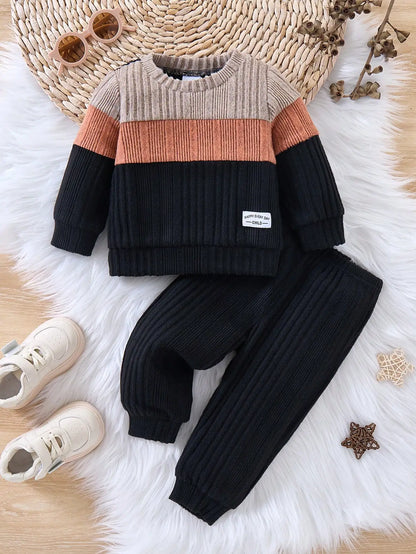 BOYS AND GIRLS FASHION TREND THREE COLOR LONG SLEEVED TOP ROUND NECK SWEATER PANTS 2-PIECE SET