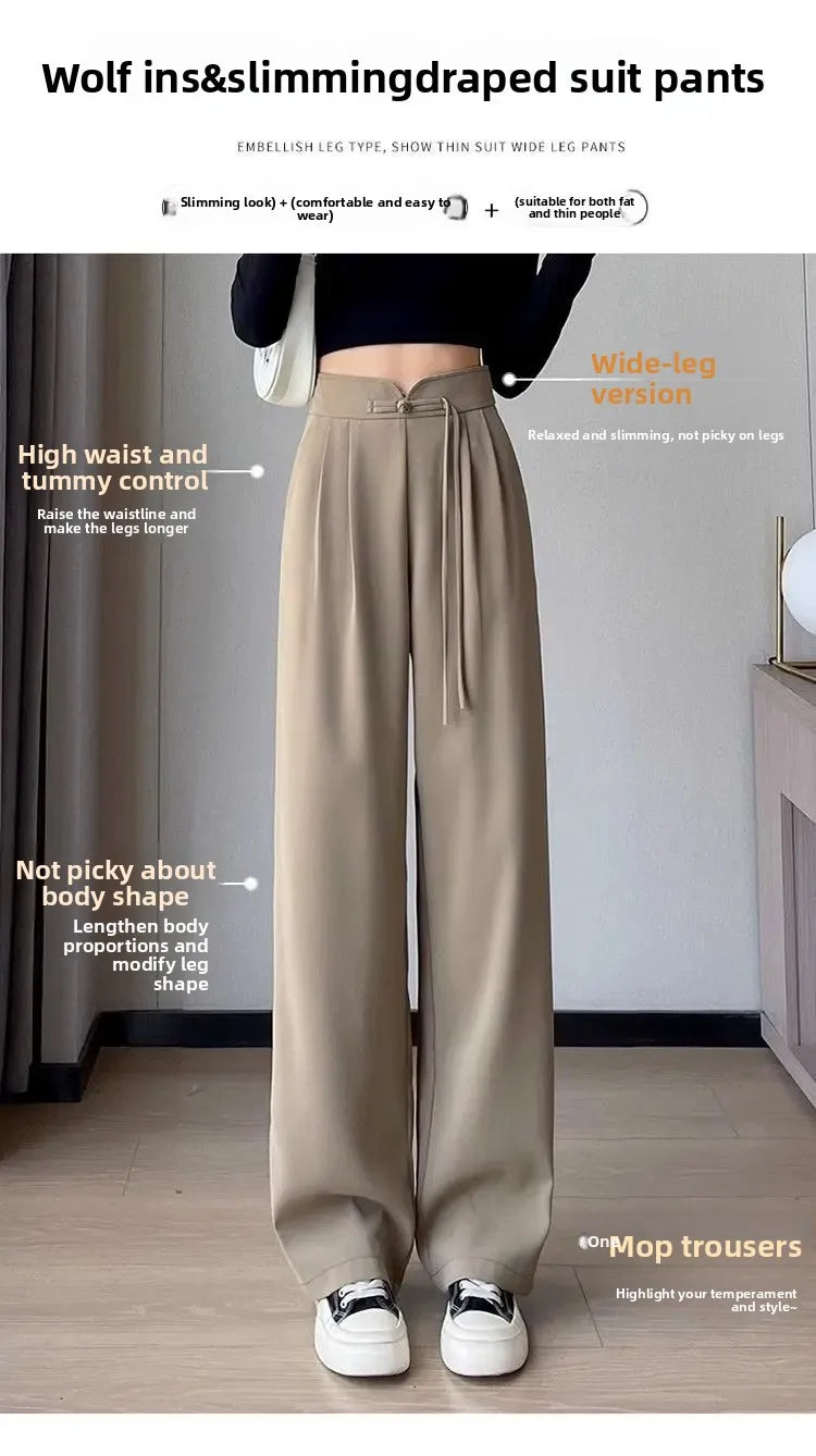 New Chinese Style High Waist Buttoned Suit Pants Women's Spring Summer Casual Wide Leg Pants Versatile Slimming Design