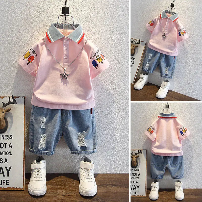 Boys  Summer Outfit T-Shirt and Jeans Korean Polo Fashion  Casual Clothing Korean Reviews Top Toddler Kids Clothes Sets