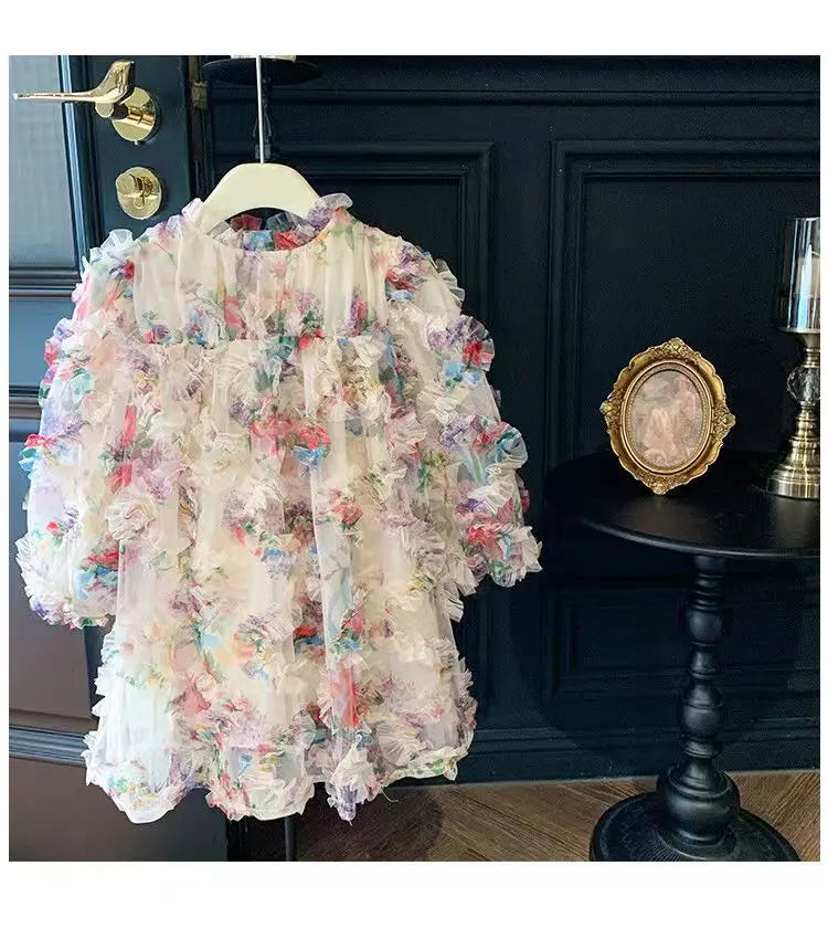 New Baby Girls floral print Fall Mesh Long Sleeve Dress Princess Kids Sweet Party Dresses