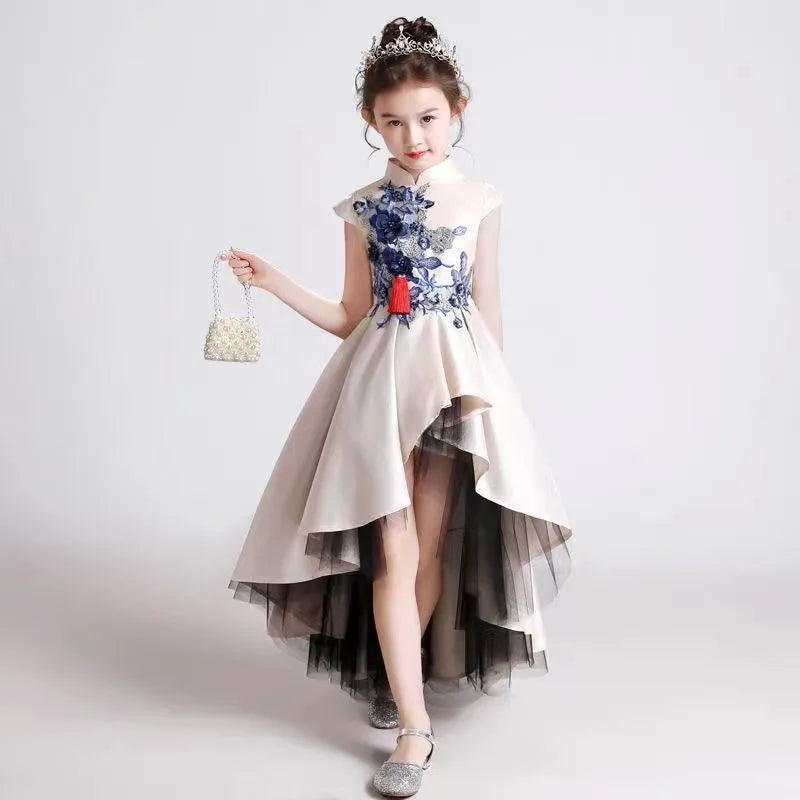 Girls' Fashion Evening Dress Children's Chinese Style Host Piano Performance Costume Dress Kids' Stand up Embroidered SkirtLI852