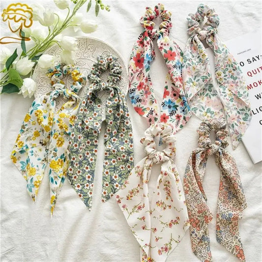 Women's Hair Accessories Girl Lady Elastic Headband Scrunchies With Ribbon Floral Design Trend Bandana Band Headbands Fashion