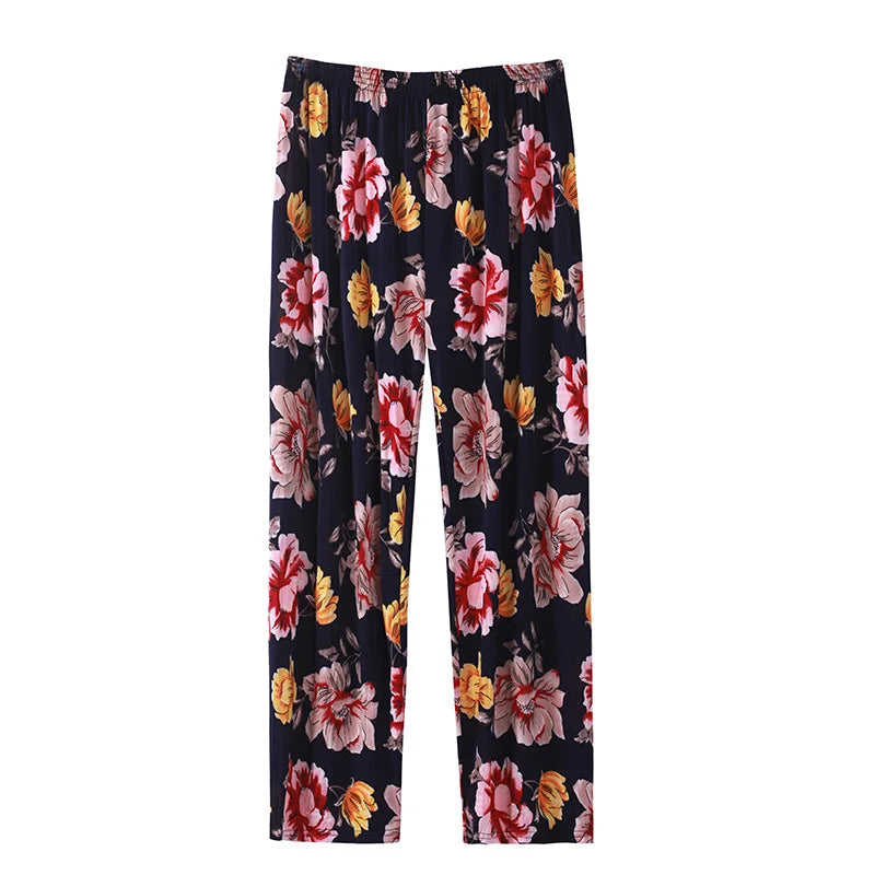 High Waist Floral Pants Straight Leg Home Leisure Women's plus Size High Elasticity Air Conditioning Pants Casual Trousers